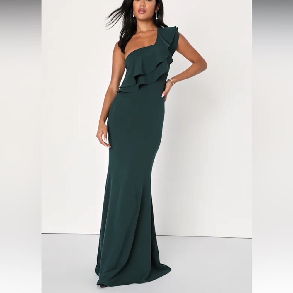 Lulus Grand Beauty Emerald Ruffled One-Shoulder Mermaid Maxi Dress Size Large